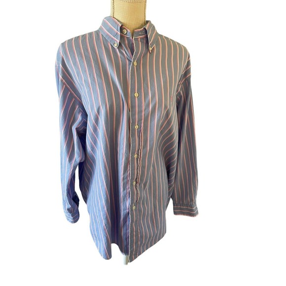 Ralph Lauren Mens Button Up Shirt Size 17 Neck 32/33 Sleeve Blue Pink Stripe - Picture 2 of 7